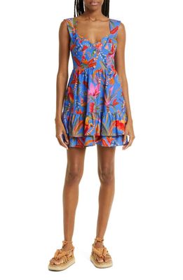FARM Rio Macaw Party Tiered Linen Blend Fit & Flare Minidress in Macaw Party Blue