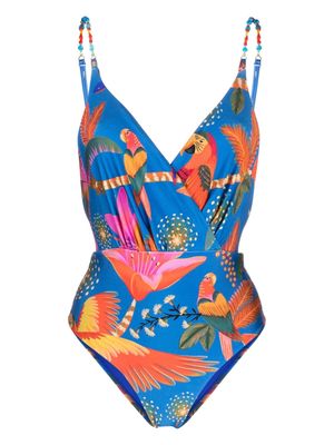 FARM Rio Macaw Party V-neck ruched swimsuit - Blue