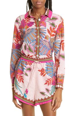 FARM Rio Macaw Scarf Linen Blend Button-Up Shirt in Macaw Scarf Pink