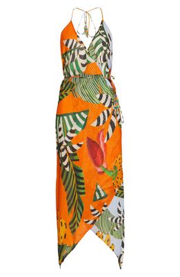 FARM Rio Metallic Banana Print Cover-Up Wrap Dress in Striped Bananas Multicolor