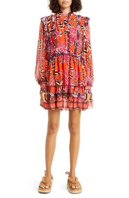 FARM Rio Mixed Floral Ruffle Long Sleeve Dress in Pink/Red Mixed