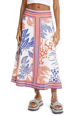 FARM Rio Mixed Lobsters Print Linen Blend Midi Skirt in Mixed Lobsters Off-W