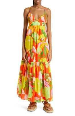 FARM Rio Neon Floral Tiered Cotton Maxi Dress in Neon Floral Red