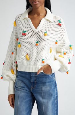 FARM Rio Open Stitch Crochet Fruit Johnny Collar Cotton Sweater in Off-White