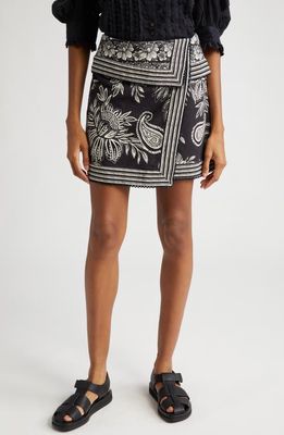 FARM Rio Paisley Bloom Asymmetric Hem Organic Cotton Miniskirt in Black
