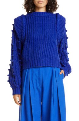 FARM Rio Pompom Accent Crewneck Sweater in Bright Blue
