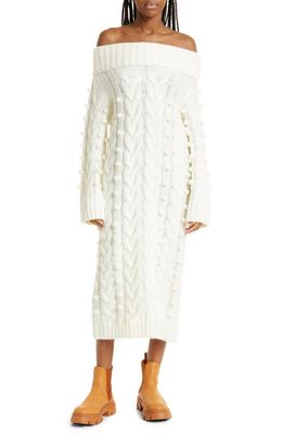 FARM Rio Pompom Cable Stitch Off the Shoulder Long Sleeve Sweater Dress in Off-White