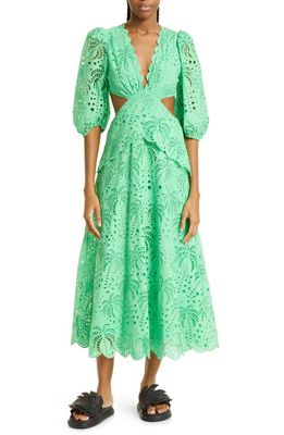 FARM Rio Richilieur Side Cutout Cotton Eyelet Midi Dress in Bright Green