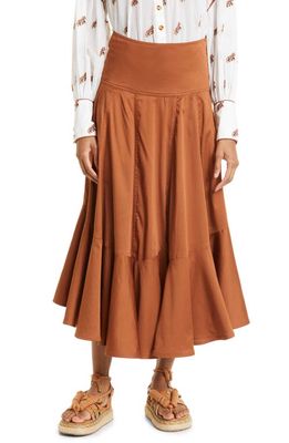 FARM Rio Ruffle Hem Cotton Blend Skirt in Caramel