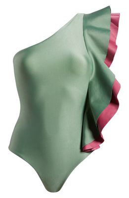 FARM Rio Ruffle One-Shoulder One-Piece Swimsuit in Green