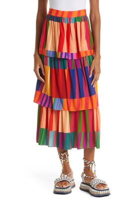 FARM Rio Sunset Stripes Tiered Midi Skirt