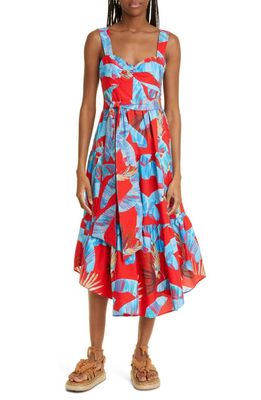 FARM Rio Sweet Jungle Frond Print Tiered Cotton Sundress in Sweet Jungle Red