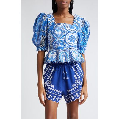 FARM Rio Tile Dream Cotton Puff Sleeve Peplum Top in Tile Dream Multicolor at Nordstrom, Size Large