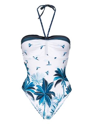 FARM Rio tropical-print halterneck swimsuit - Dream Sky White