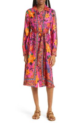 FARM Rio Tropical Tapestry Long Sleeve Belted Shirtdress in Tropical Tapestry Pi