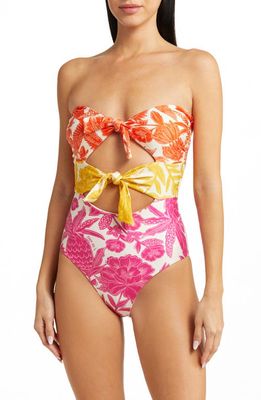 FARM Rio Tropical Woodcut Strapless Cutout One-Piece Swimsuit in Tropical Orange/Pink/Yellow