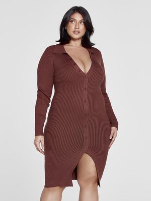 Fashion to Figure Women's Mia Ribbed Knit Button Front Dress in Brown