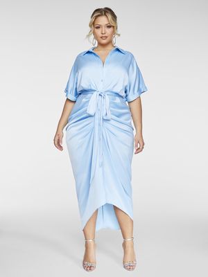 Fashion to Figure Women's Ruched Woven Midi Dress in Light Blue