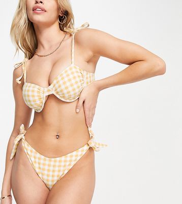 Fashion Union Exclusive tie shoulder underwire bikini top in mustard gingham-Multi