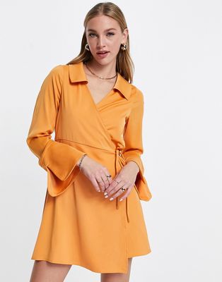 Fashion Union satin wrap front mini dress-Orange