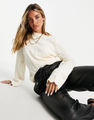 Fashion Union scallop edge pointelle sweater-White