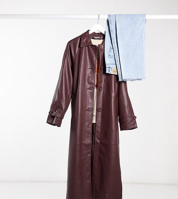 Fashion Union Tall coat with collar and belt in PU-Brown
