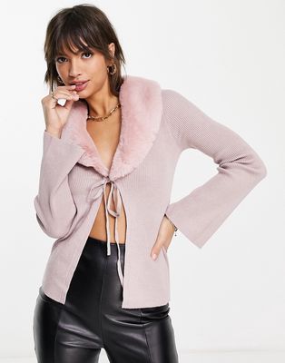 Fashion Union tie front knit cardigan with faux fur collar-Pink