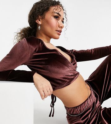 Fashionkilla exclusive velour wrap front tie detail top in chocolate-Brown