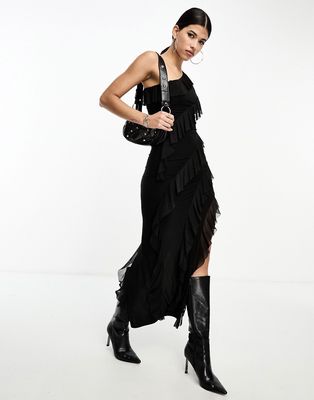 Fashionkilla one shoulder ruffle trim leg split maxi dress in black