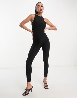 Fashionkilla sculpted slinky racerneck low back jumpsuit in black