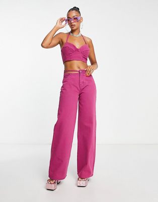 Fashionkilla wide leg jeans with cut out waist detail in purple - part of a set