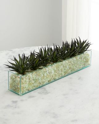 Faux Agave in Rectangular Glass Vase with Crushed Green Calcite