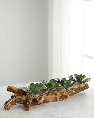 Faux Echeveria Succulents in Hand-Carved Wooden Log