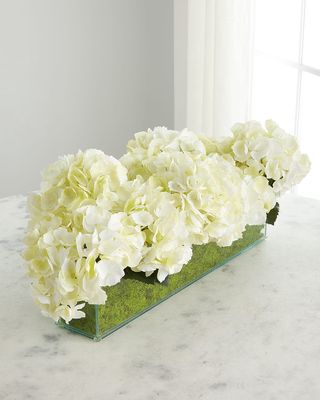 Faux Floral White Hydrangeas in Rectangular Glass Box