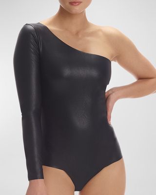 Faux-Leather Long-Sleeve One-Shoulder Bodysuit