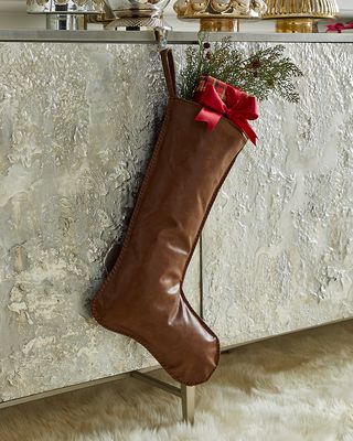 Faux Leather Stocking with Hand Stitched Edges, Dark Brown