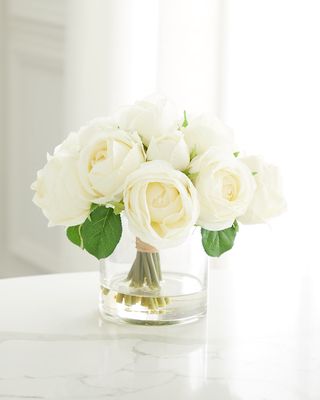 Faux Rose Bouquet in Clear Glass Vase - 9"