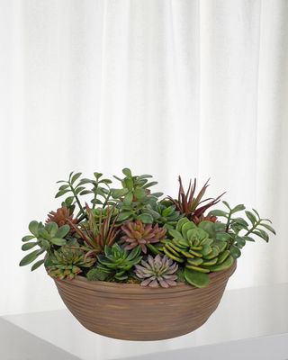 Faux Succulent Plant in Ribbed Terracotta Bowl