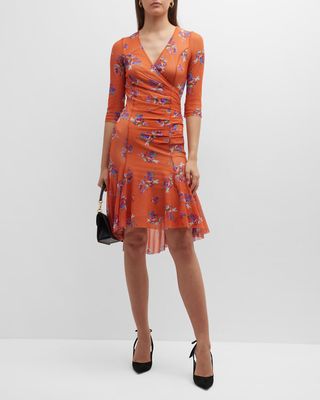 Faux-Wrap Floral-Print Tulle Dress