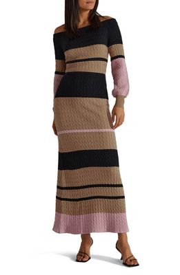 Favorite Daughter Off the Shoulder Cable Knit Sweater Dress in Multi Sand Stripe