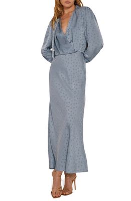 Favorite Daughter The Joan Polka Dot Jacquard Long Sleeve Satin Dress in Slate Blue Polka D