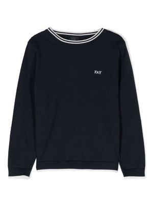 Fay Kids logo-embroidered striped-edge jumper - Blue