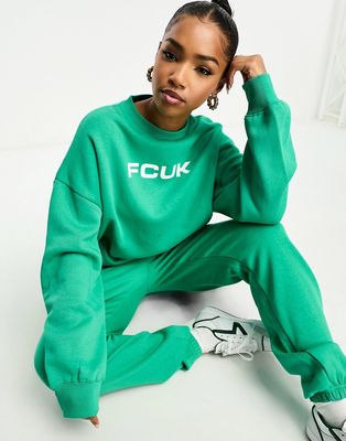 FCUK crew neck sweatshirt with white logo in veridian green