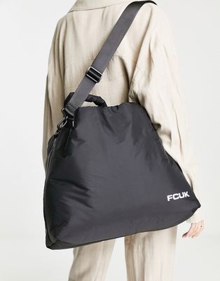 FCUK padded tote bag with detachable strap in black