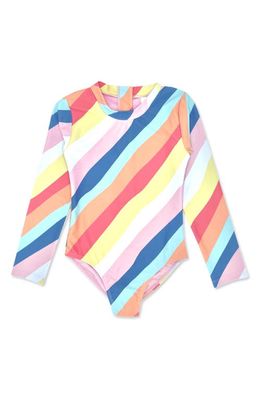 Feather 4 Arrow Wave Chaser Long Sleeve One-Piece Rashguard Swimsuit in East Cape Stripe