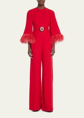 Feather-Cuff Belted Wide-Leg Jumpsuit