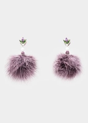 Feather Pom Pom Earrings, Purple