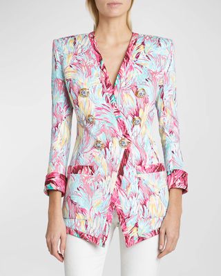 Feather-Print Collarless Long Double-Breasted Jacket