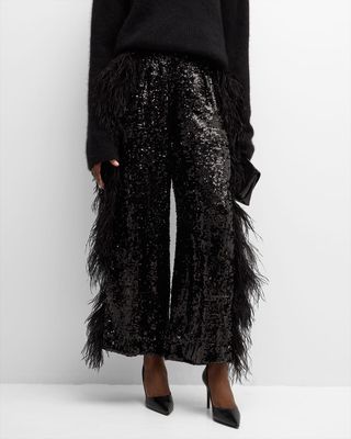 Feather Side-Stripe Sequin Relaxed Wide-Leg Trousers