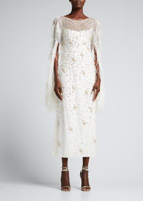 Feather-Trim Embellished Gown